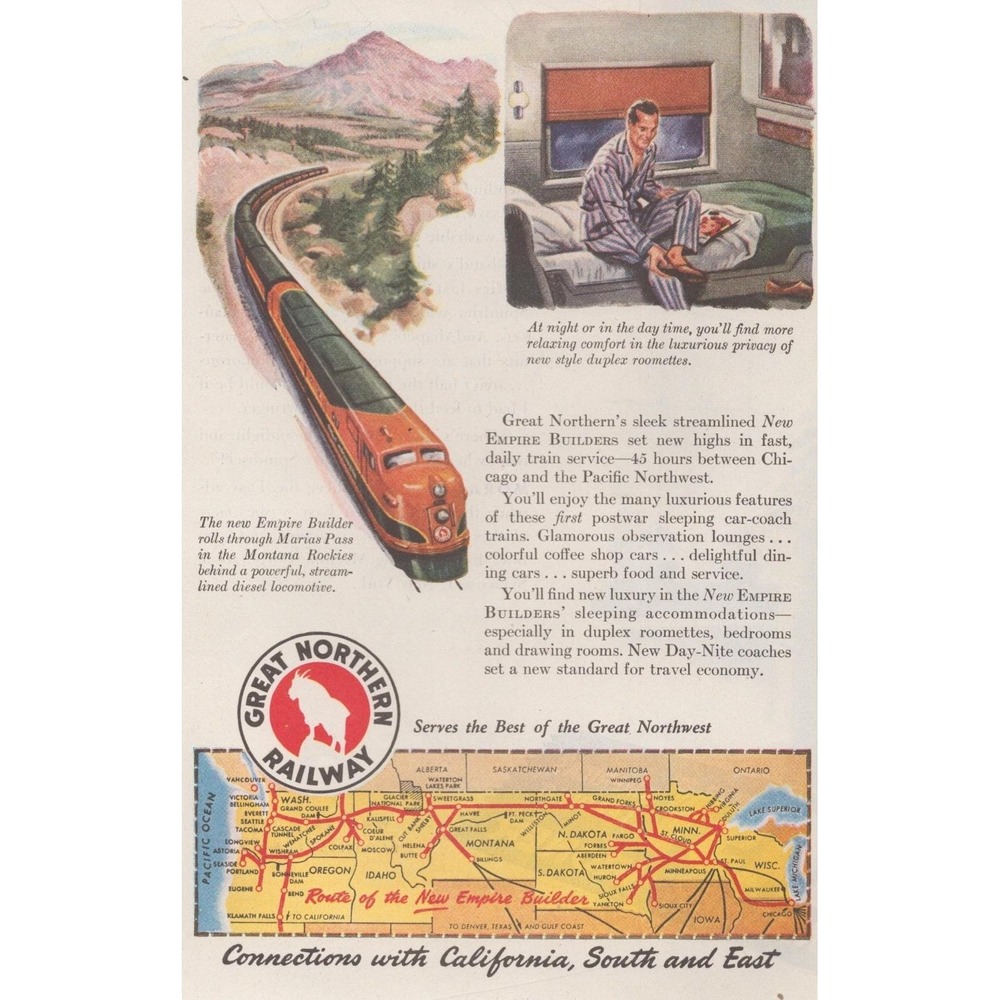 Vintage 1947 Great Northern Railway Print Ad Empire Builder Montana Train
